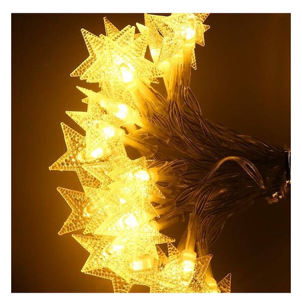 LED řetěz Hvězdy - 5m, 50LED, 8 funkcí, 3xAA, IP44, teplá bílá