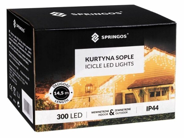 LED krápníky - 14,5m, 300LED, 8 funkcí, ovladač, IP44, studená bílá