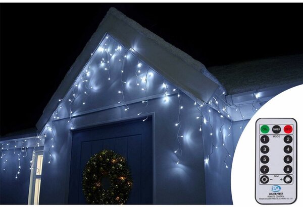 LED krápníky - 14,5m, 300LED, 8 funkcí, ovladač, IP44, studená bílá