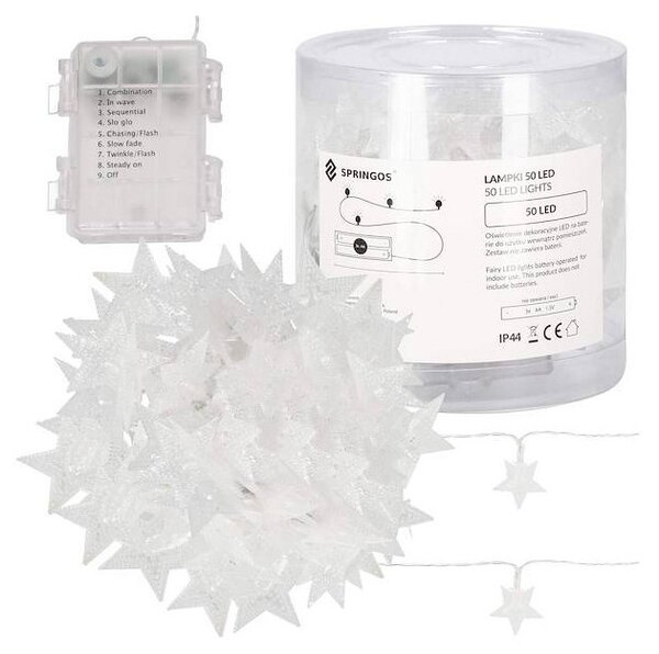 LED řetěz Hvězdy - 5m, 50LED, 8 funkcí, 3xAA, IP44, teplá bílá