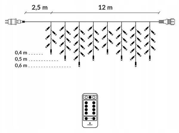 LED krápníky - 14,5m, 300LED, 8 funkcí, ovladač, IP44, studená bílá