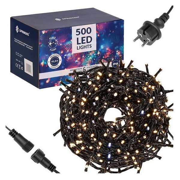 LED světelný řetěz - 41,5m, 500LED, IP44, teplá bílá + záblesky