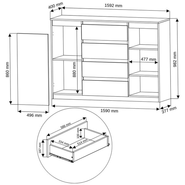 Komoda 160 cm zásuvky dveře skříňka FRAMIRE R-160-S4 bílá