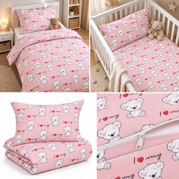 Povlečení bavlněné dětské Medvídci růžové TiaHome - Detský set 130x90cm + 65x45cm
