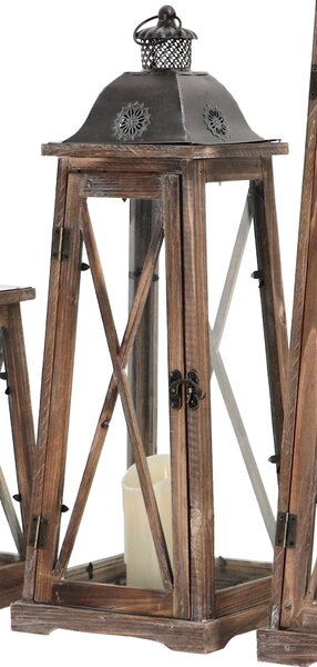 Dřevěná lucerna s plechovou stříškou (23,5x23,5x62,5cm) - hnědá MSL3449BR venkovský stylu