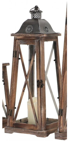 Dřevěná lucerna s plechovou stříškou (30x30x88,5cm) - hnědá MSL3449BR venkovský stylu