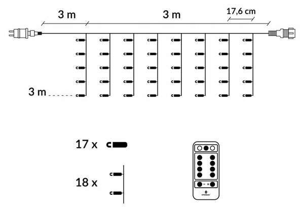 LED světelný závěs - 3x3m, 306LED, 8 funkcí, ovladač, IP44, studená bílá