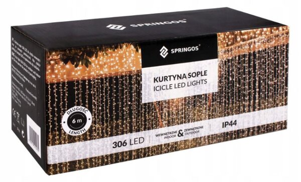 LED světelný závěs - 3x3m, 306LED, 8 funkcí, ovladač, IP44, studená bílá