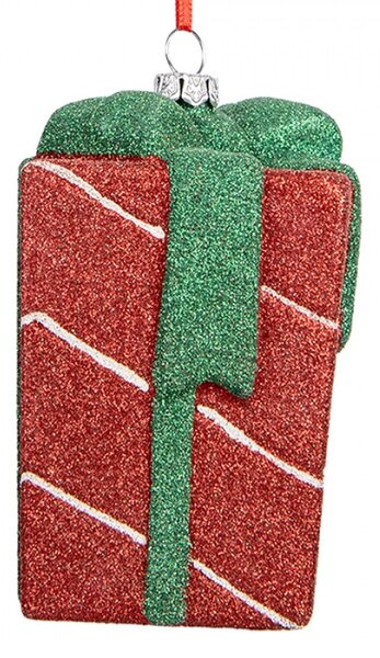 Červeno-zelená vánoční ozdoba třpytivý dáreček – 8x8x11 cm