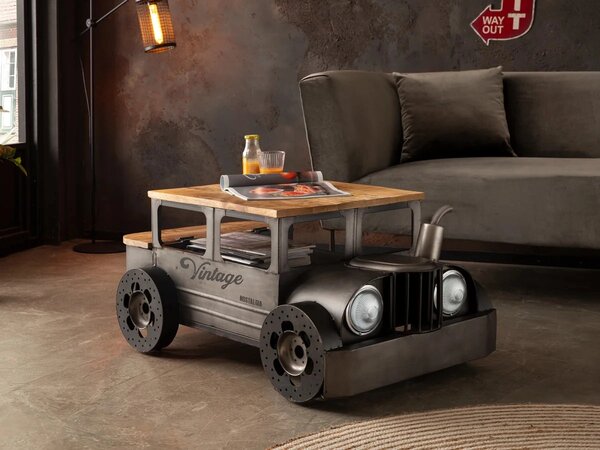 Masivní konferenční stolek Car II z mangového dřeva a kovu, lakovaný, šedý – 102×65×48 cm