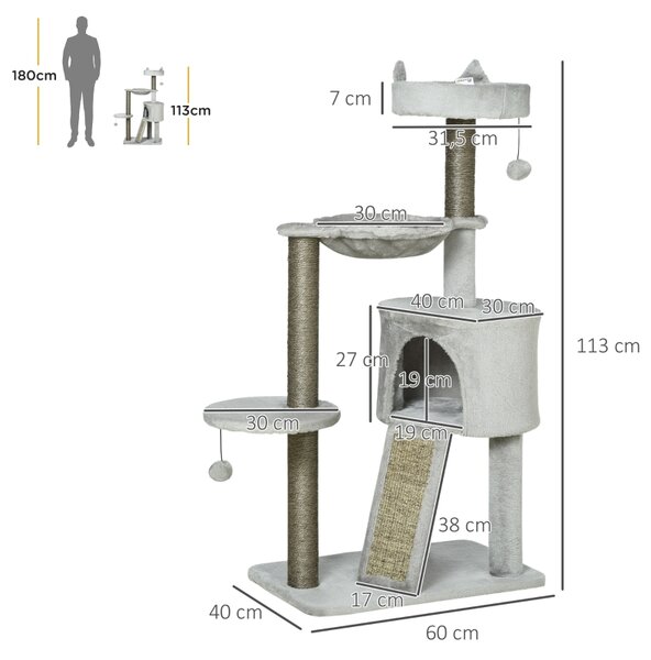 Odpočívadlo a škrabadlo pro kočky s jeskyní a vyhlídkami, světle šedé, výška 113 cm D30-565V00LG