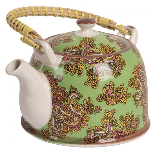 Porcelánová konvička na čaj se sítkem se zeleným kašmírovým motivem – 800 ml