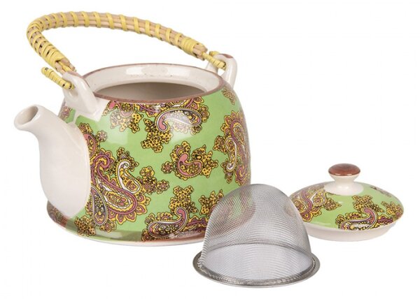 Porcelánová konvička na čaj se sítkem se zeleným kašmírovým motivem – 800 ml