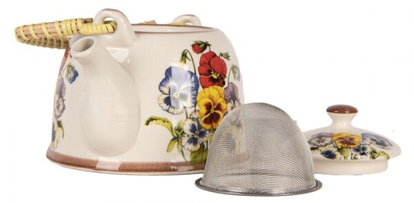 Porcelánová konvička na čaj se sítkem s motivem barevné macešky – 800 ml