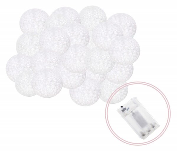LED světelný řetěz Bavlněné koule 6cm - 6m, 30LED, 3xAA, teplá bílá