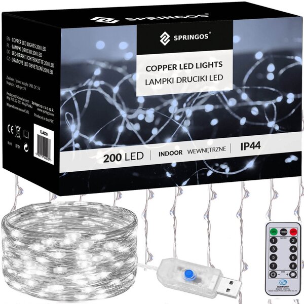 LED Nano světelný závěs - 2x2m, 200LED, 8 funkcí, ovladač, USB, IP44, studená bílá