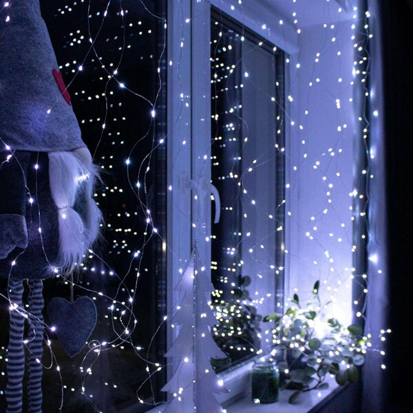 LED Nano světelný závěs - 2x2m, 200LED, 8 funkcí, ovladač, USB, IP44, studená bílá