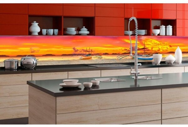 DIMEX | Fototapeta do kuchyně Loď KI-350-014 | 350 x 60 cm | modrá, oranžová