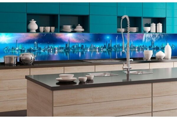 DIMEX | Fototapeta do kuchyně Město budoucnosti KI-350-036 | 350 x 60 cm | modrá, fialová