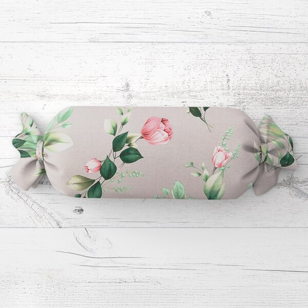 Biante Polštář válec bonbon Sandra SA-452 Růžové květy na šedém 15x40 cm
