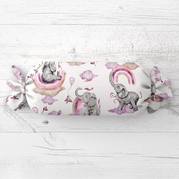 Biante Dětský polštář válec bonbon Sandra SA-464 Sloni s fialovou duhou na bílém 15x60 cm