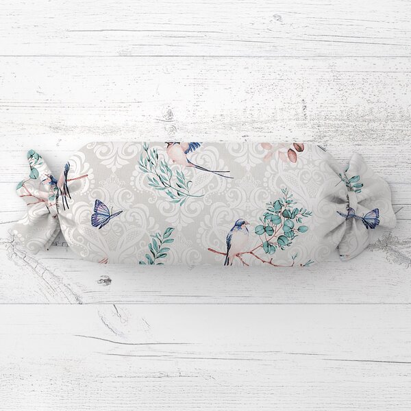 Biante Polštář válec bonbon Sandra SA-471 Vlaštovky s motýlky na světle šedém ornamentu 15x40 cm