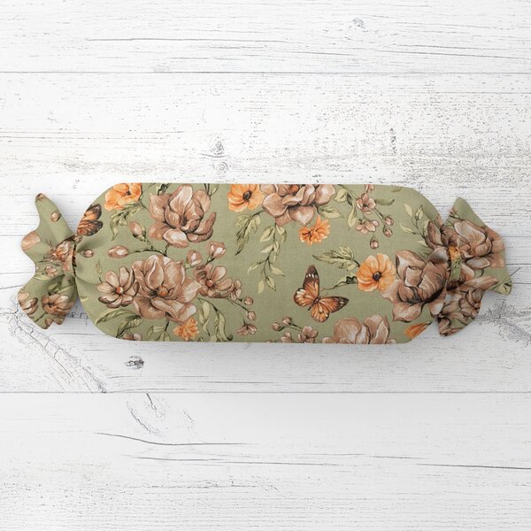 Biante Polštář válec bonbon Sandra SA-472 Hnědé květy magnolie na zeleném 15x40 cm