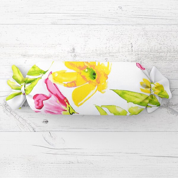 Biante Polštář válec bonbon Sandra SA-481 Žluto-růžové akvarelové květy na bílém 15x40 cm