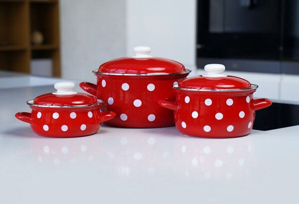 BELIS Smaltovaný rendlík s poklicí ø 16 cm - 1.4 l - PUNTÍK červený - 52216-534DACD5