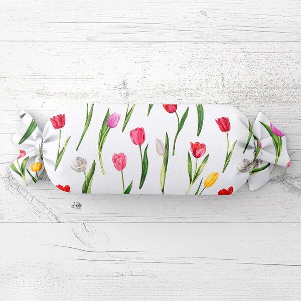 Biante Polštář válec bonbon Sandra SA-506 Tulipány na bílém 15x40 cm