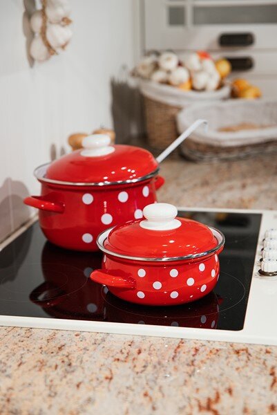 BELIS Smaltovaný rendlík s poklicí ø 16 cm - 1.4 l - PUNTÍK červený - 52216-534DACD5