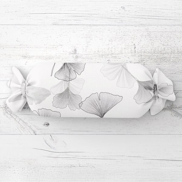 Biante Polštář válec bonbon Sandra SA-512 Šedo-bílé ginkgo listy na bílém 15x40 cm