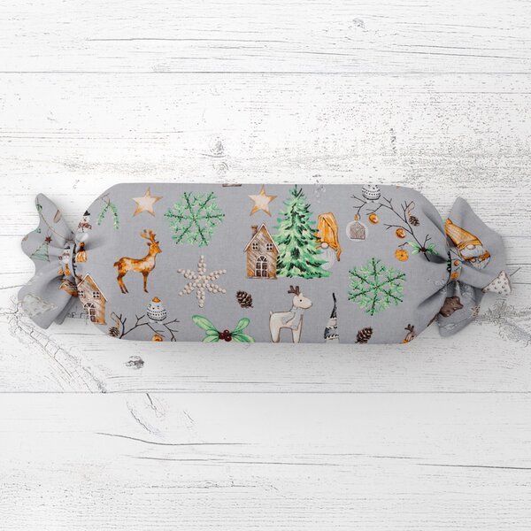Biante Vánoční polštář válec bonbon Sandra SA-509 Vánoční skřítci a ozdoby na šedém 15x40 cm