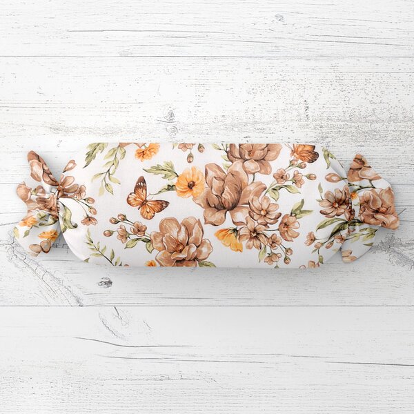 Biante Polštář válec bonbon Sandra SA-458 Hnědé květy magnolie s motýlky na bílém 15x40 cm