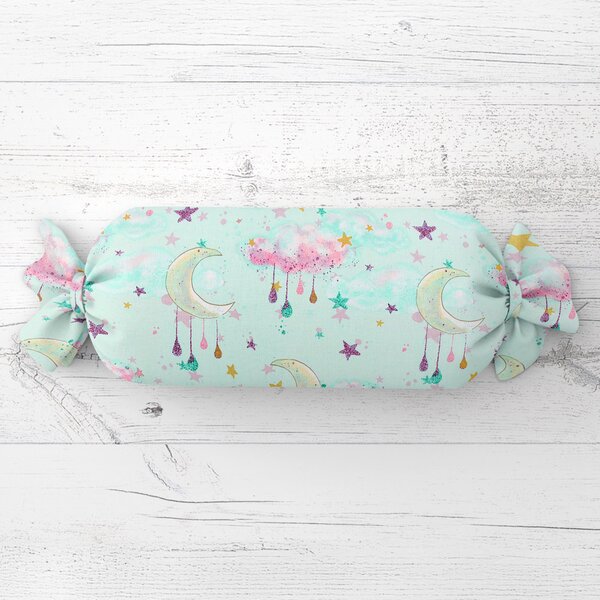 Biante Dětský polštář válec bonbon Sandra SA-522 Měsíční obloha na mintovém 15x40 cm