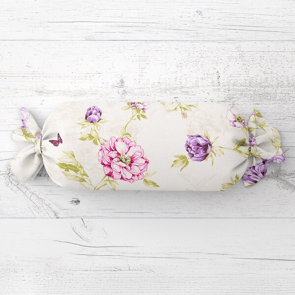 Biante Polštář válec bonbon Sandra SA-532 Fialové květiny s motýlky na světle krémovém 15x40 cm