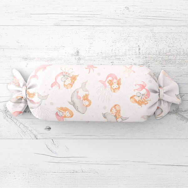 Biante Dětský polštář válec bonbon Sandra SA-527 Růžové mořské panny s delfíny a velrybami na bílém 15x40 cm