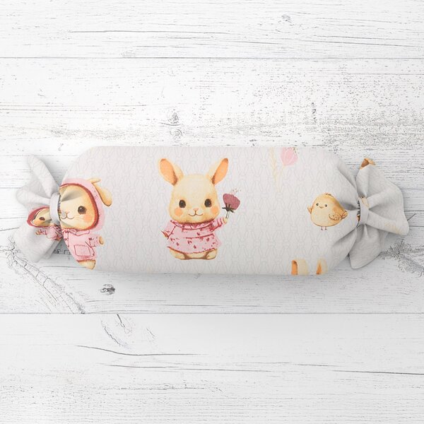 Biante Dětský polštář válec bonbon Sandra SA-538 Růžoví zajíčci a ptáčci na bílém 15x40 cm