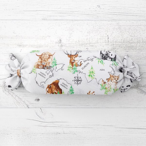 Biante Polštář válec bonbon Sandra SA-546 Zvířata světa na bílém 15x40 cm