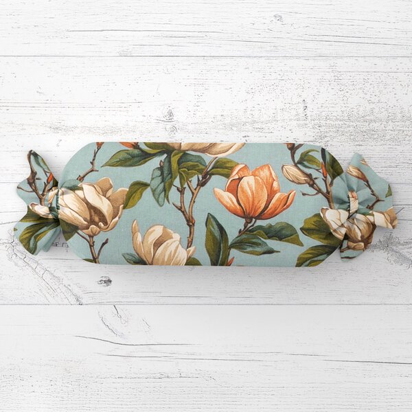 Biante Polštář válec bonbon Sandra SA-545 Květy magnolie na šedomodrém 15x40 cm