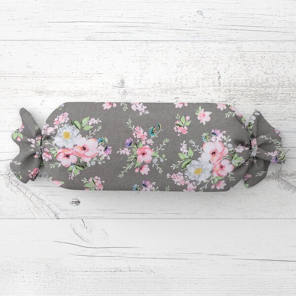 Biante Polštář válec bonbon Sandra SA-553 Růžové květiny na šedém 15x40 cm
