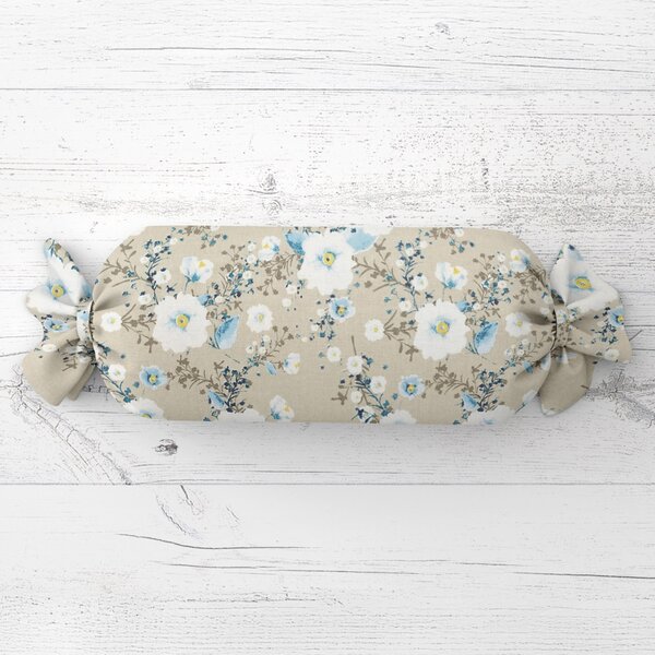 Biante Polštář válec bonbon Sandra SA-552 Modré pnoucí květy na béžovém 15x40 cm