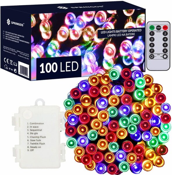 LED světelný řetěz - 10m, 100LED, 8 funkcí, ovladač, 3xAA, IP44, multicolor