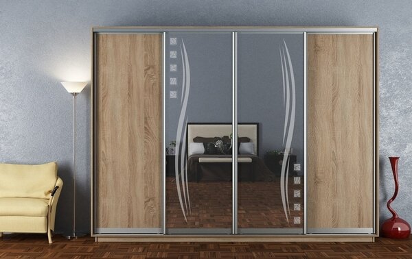 Šatní skříň 300 cm s posuvnými dveřmi se zrcadlem v dekoru dub sonoma KN1189