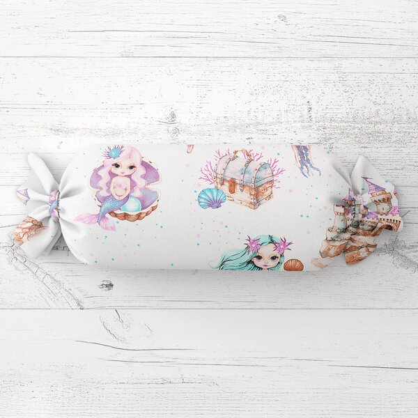 Biante Dětský polštář válec bonbon Sandra SA-567 Mořské víly a království na bílém 15x40 cm