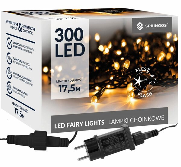 LED světelný řetěz - 17,5m, 300LED, IP44, teplá bílá + záblesky
