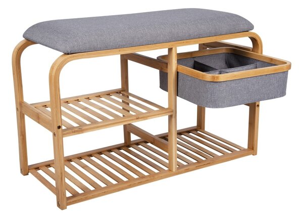 Bambusový botník s šedým polstrováním Leitmotiv Bench, šířka 70 cm