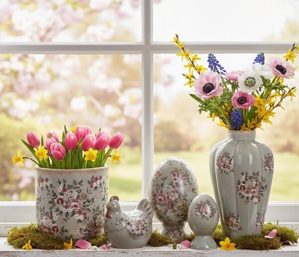 Zelená keramická dekorační váza s květy Floria - Ø 17*28 cm - Clayre & Eef