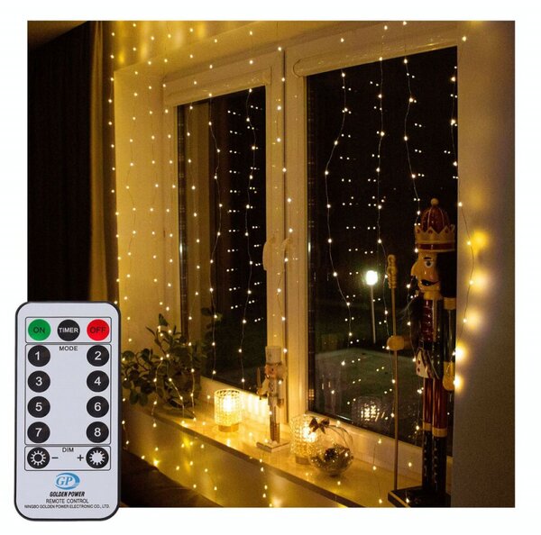 LED světelný závěs - 3x3m, 300LED, 8 funkcí, ovladač, 3xAA, IP44, teplá bílá
