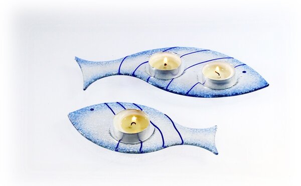 BDK-GLASS Skleněný svícínek rybička - FISH - modrá Rozměr: 23x9cm